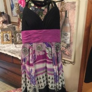 Misses chiffon halter h/l hem purple & black dress